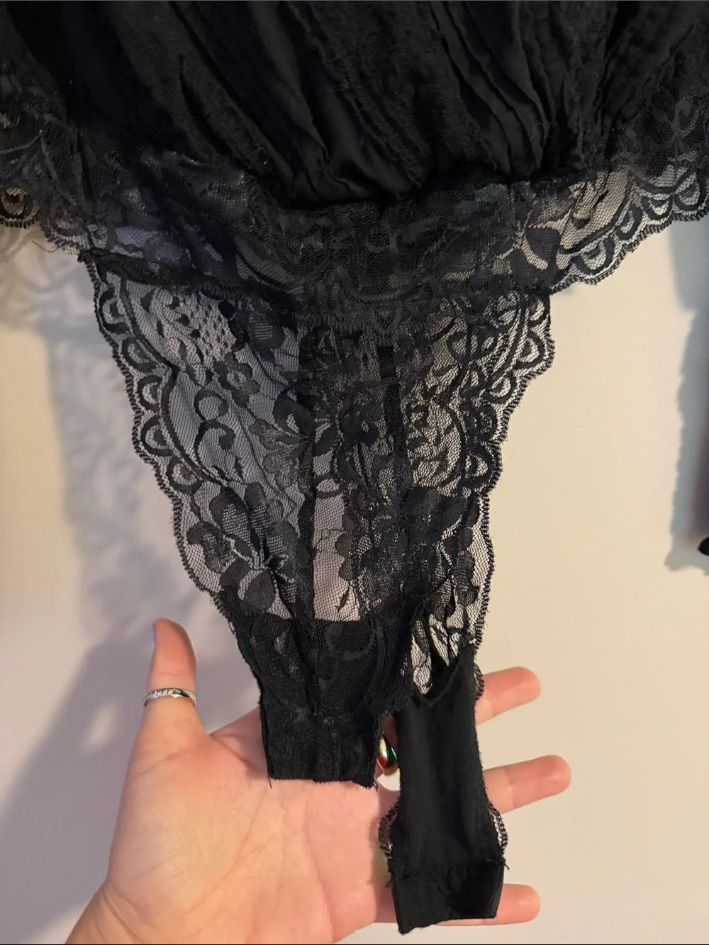Free People Black Lace-Trim Surplice Bodysuit
